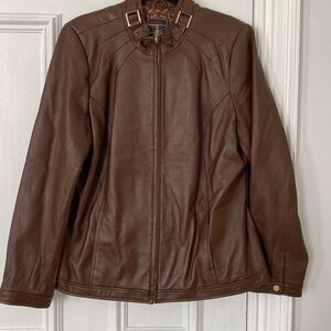 Bradley by Bradley Bayou Women's Crew Neck Leather Moto Jacket Brown Large